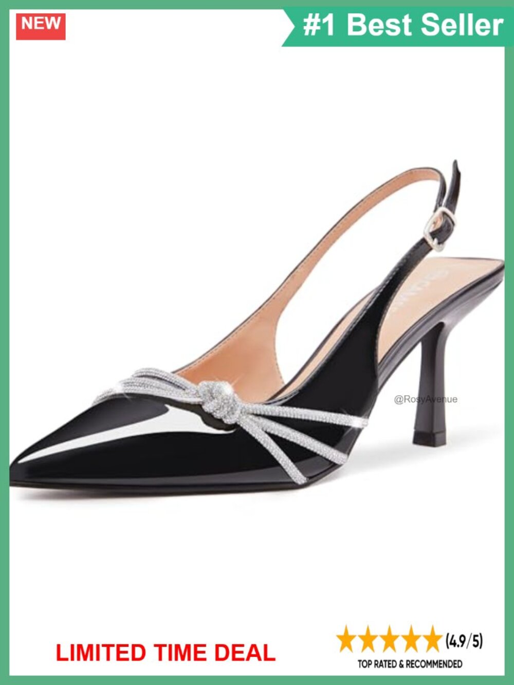 Rhinestone Bow Kitten Heels Pointy Slingback Pumps Faux Leather